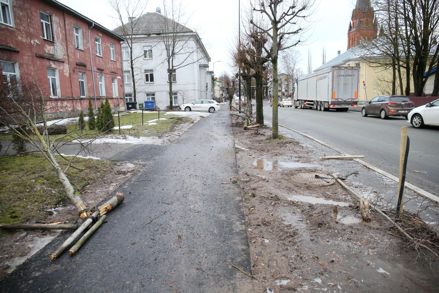 Puiestee tänavalt Narva maantee ristmiku suunas liikunud linnaliinibuss sai pidama siis, kui oli üle vastassuuna sõites jõudnud kortermajaesisele haljasalale ning võtnud seal maha kaks puud.