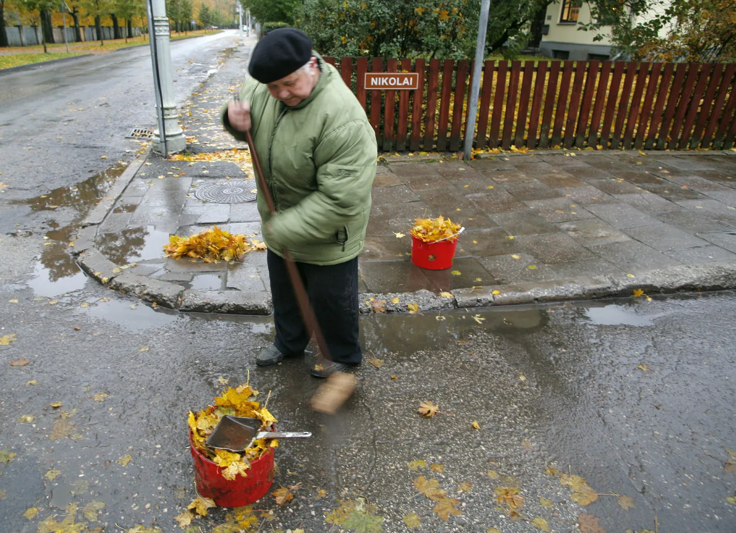 Kojamees Nikolai tänaval lehti koristamas.