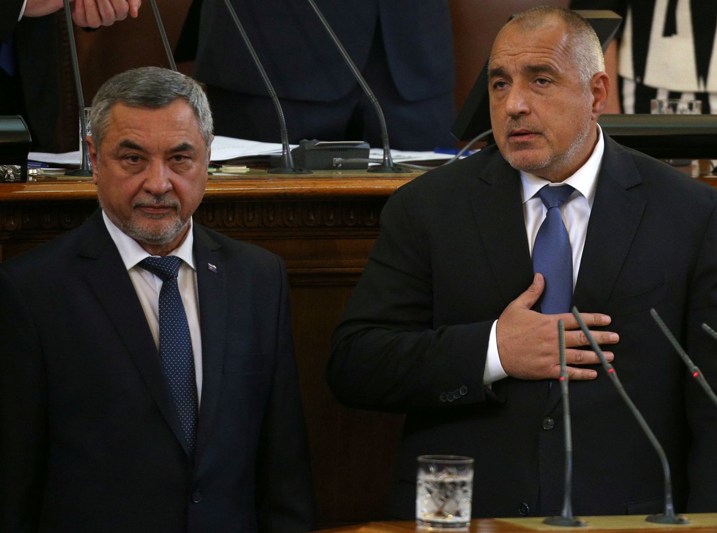 Bulgaria's Prime Minister Boyko Borissov looks at Deputy Prime Minister Valeri Simeonov.