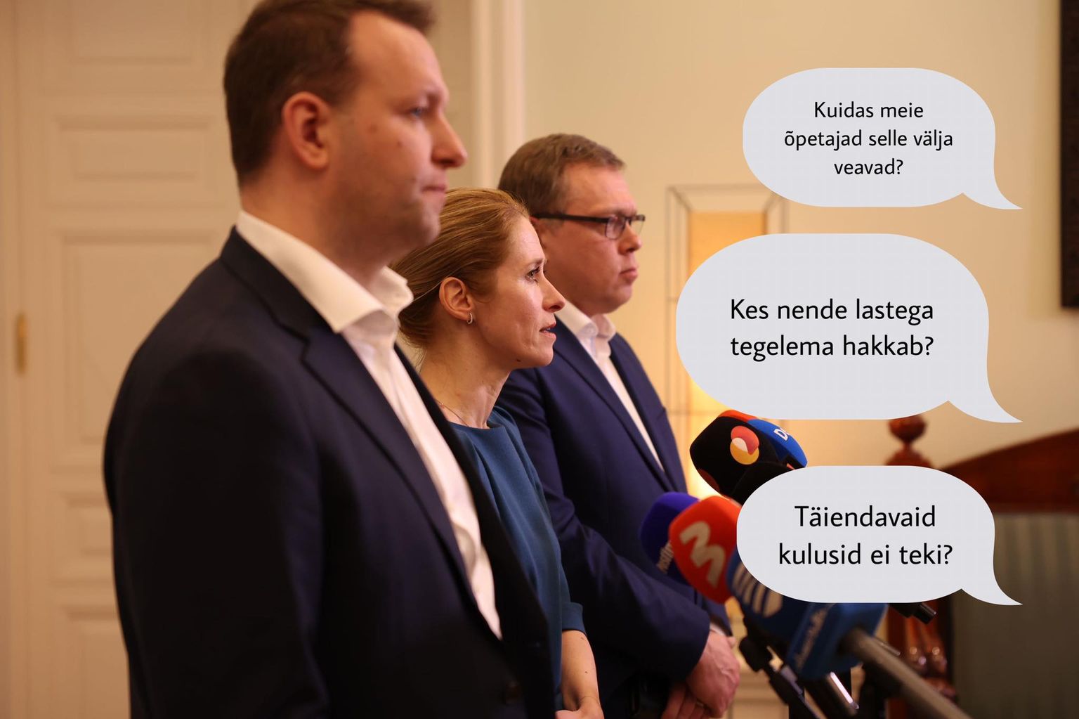 Koalitsioonikõneluste pressikonverentsil astusid 17. märtsil ajakirjanike ette Kaja Kallas (Reformierakond), Lauri Läänemets (Sotsiaaldemokraatlik Erakond) ja Lauri Hussar (Eesti 200).