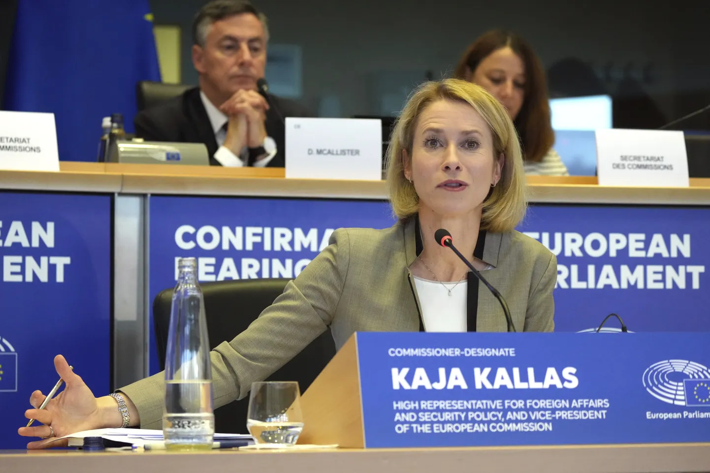 Kaja Kallas, nominee for European Union High Representative and Vice-President for Foreign Affairs and Security Policy, speaks during her hearing at the European Parliament in Brussels on Tuesday, Nov. 12, 2024.
