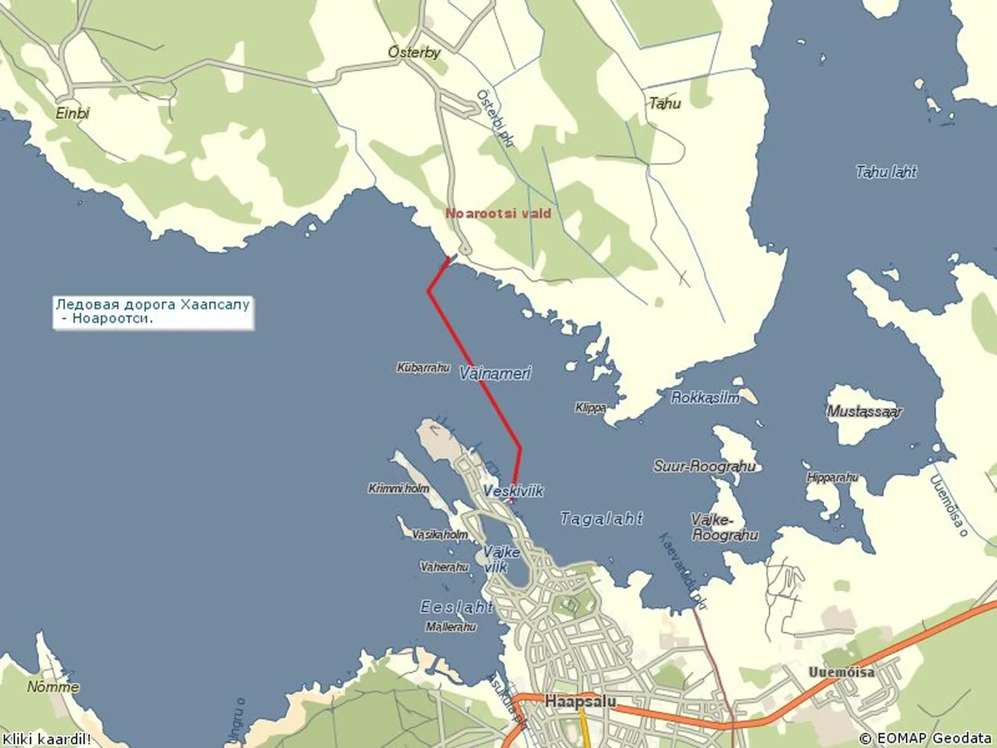 Ледовая дорога Хаапсалу - Ноароотси обозначена красной линией.
