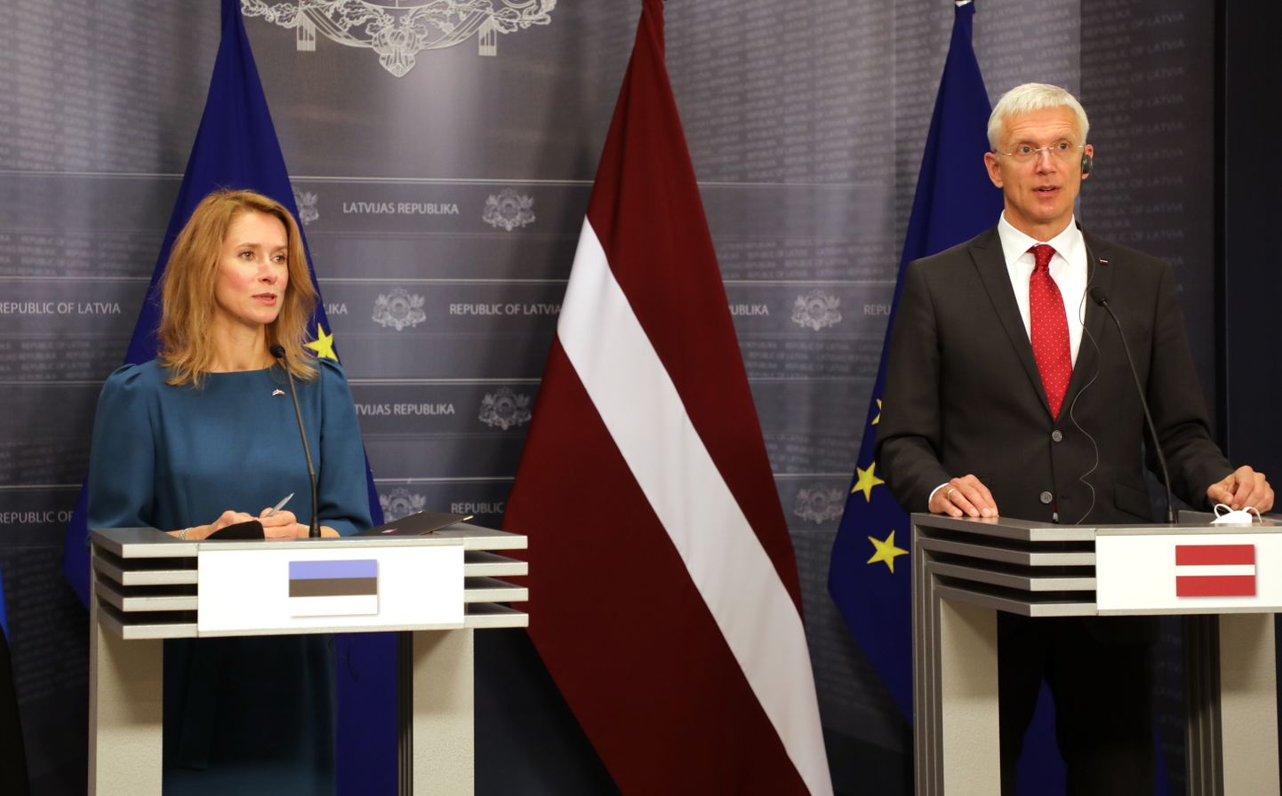 Latvijas ārlietu ministrs Krišjānis Kariņš un Igaunijas premjerministre Kaja Kallasa.