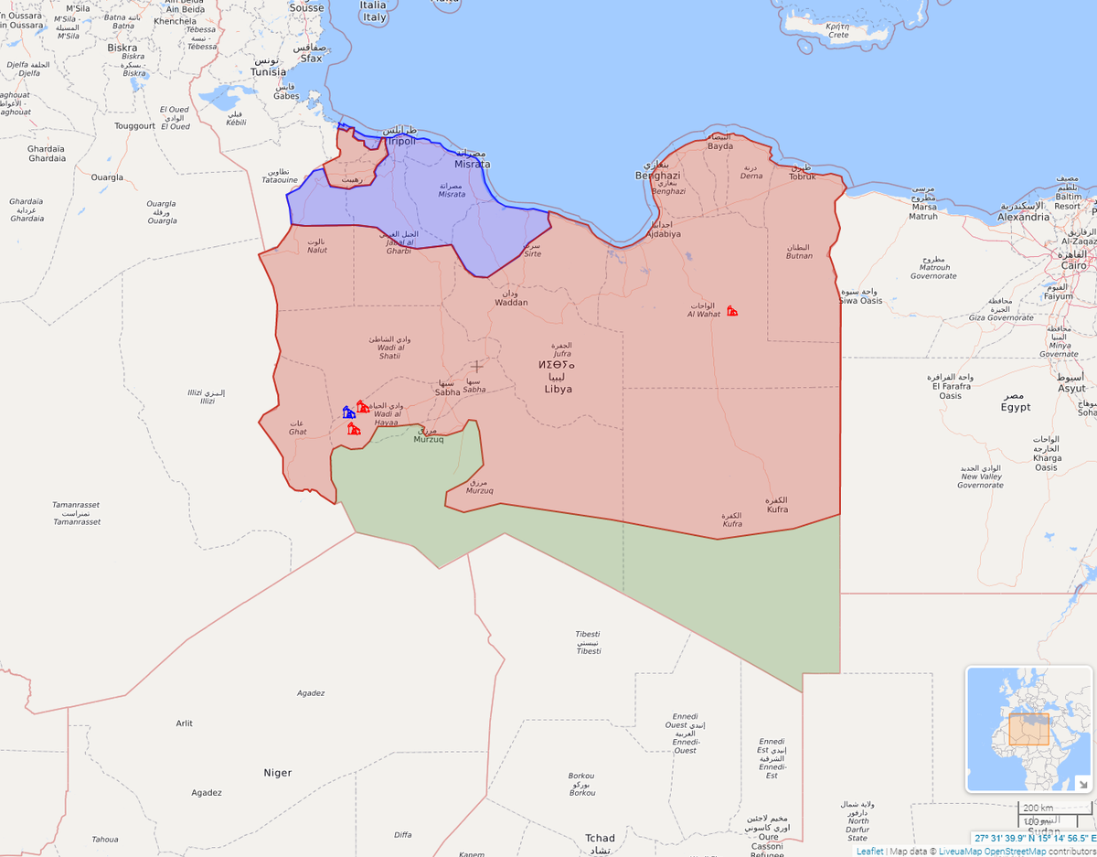 Sarkans - Tobrukas valdība;
Zils - starptautiski atzītā valdība Tripolē;
Zaļš - Lībijas tuaregu un citu etnisko grupu ciltis.