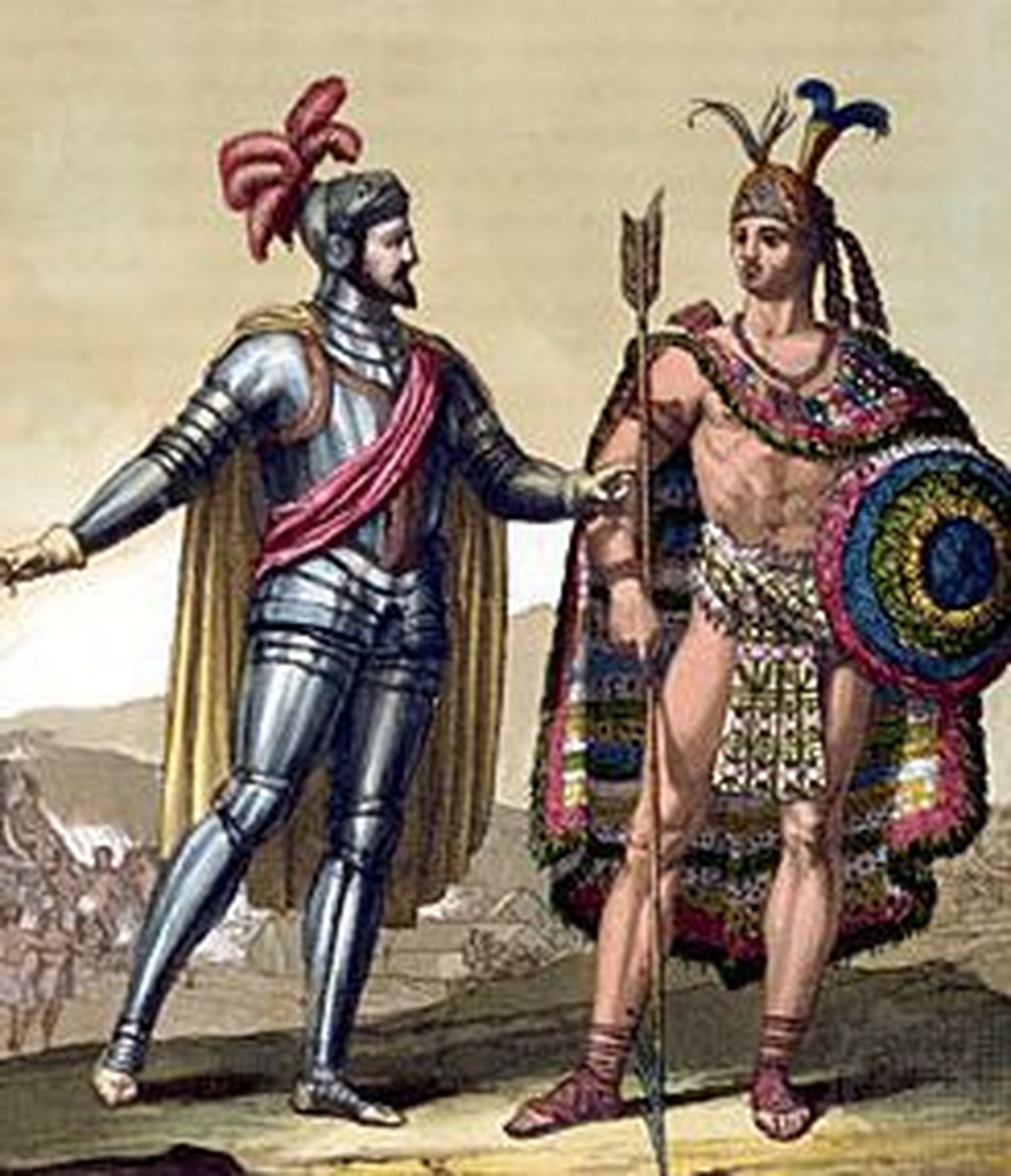 17. sajandist pärit joonistusel kujutatakse asteekide juhi Montezuma ja konkistadoor Hernan Cortesi kohtumist