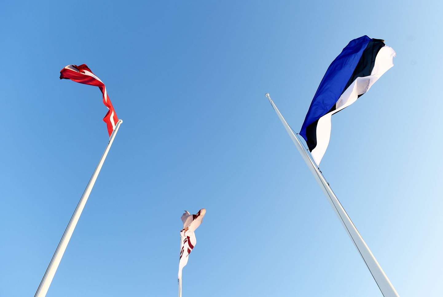 Latvijas karogs, Igaunijas karogs un Valsts prezidenta standarts Rīgas pils Svētā Gara tornī.