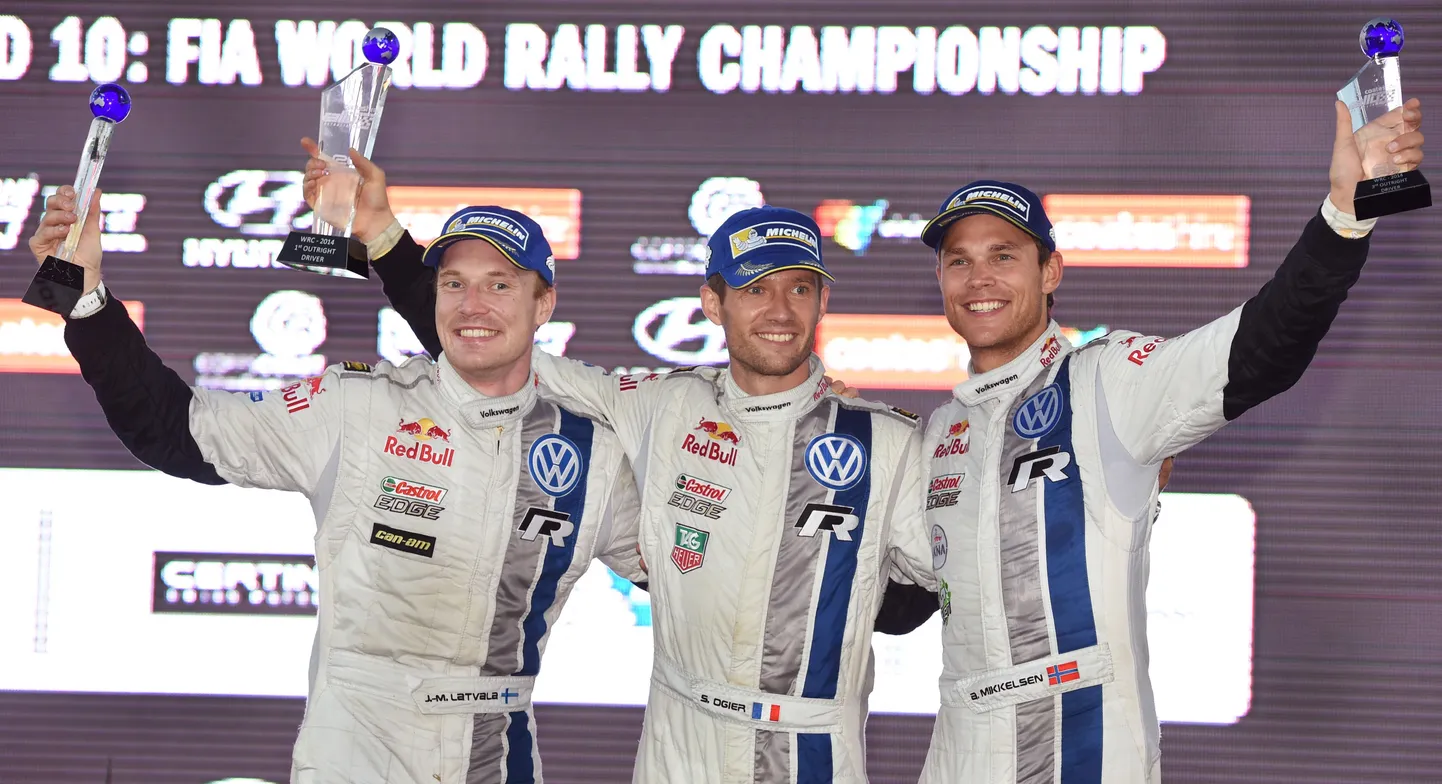 Vasakult: Jari-Matti Latvala, Sebastien Ogier ja Andreas Mikkelsen.