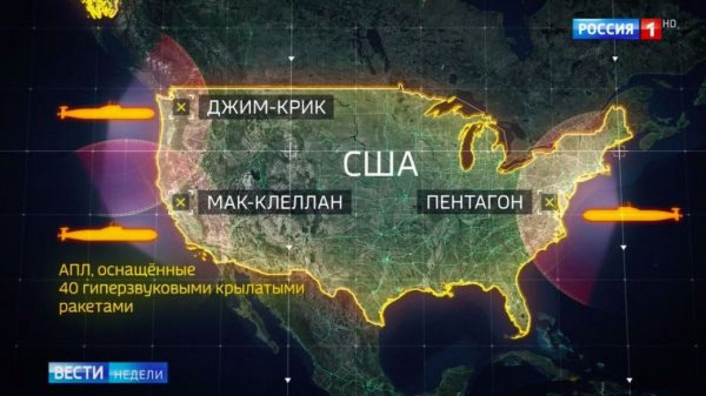 Vene riigitelevisiooni saates Vesti Nedeli avaldati USA-vastase tuumarünnaku võimalikud sihtmärgid.