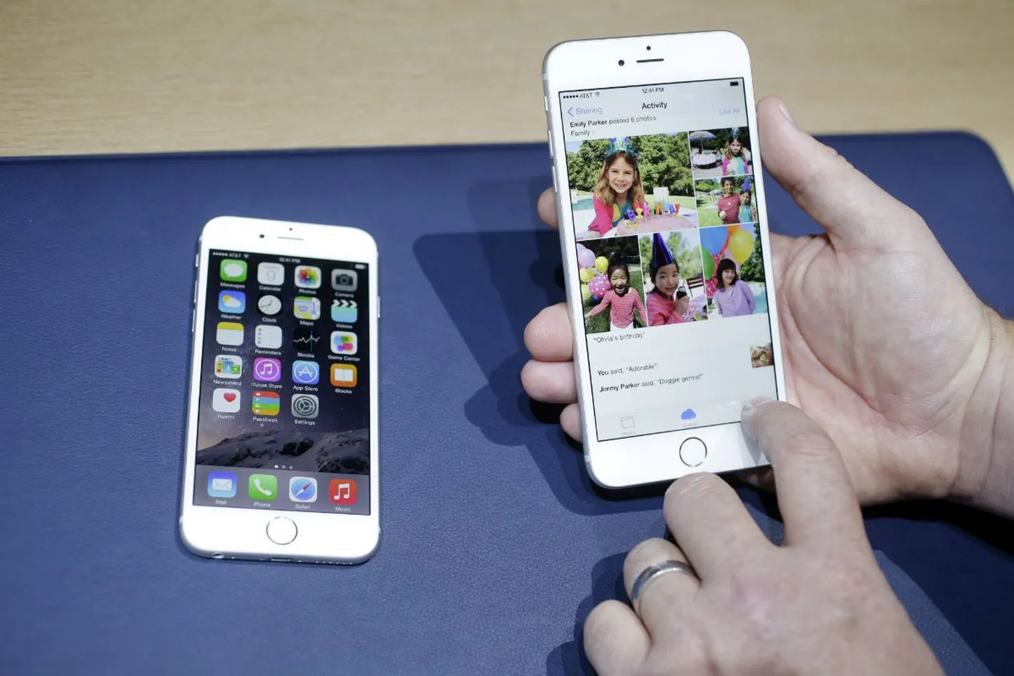 Сравните iPhone 6 (слева) и iPhone 6 plus.