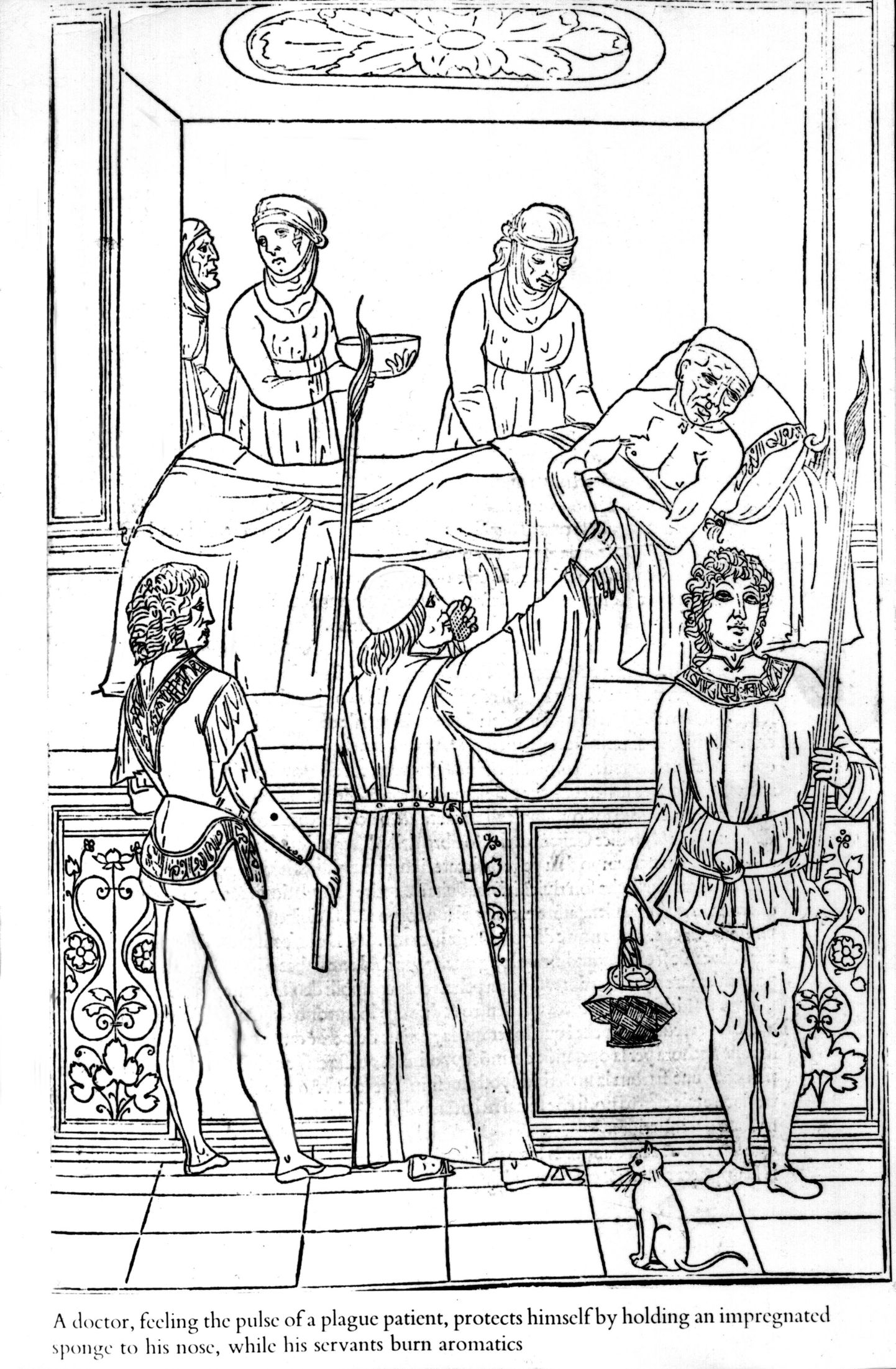 Средневековая картина - доктор лечит пациента от чумы. Иллюстрация.
