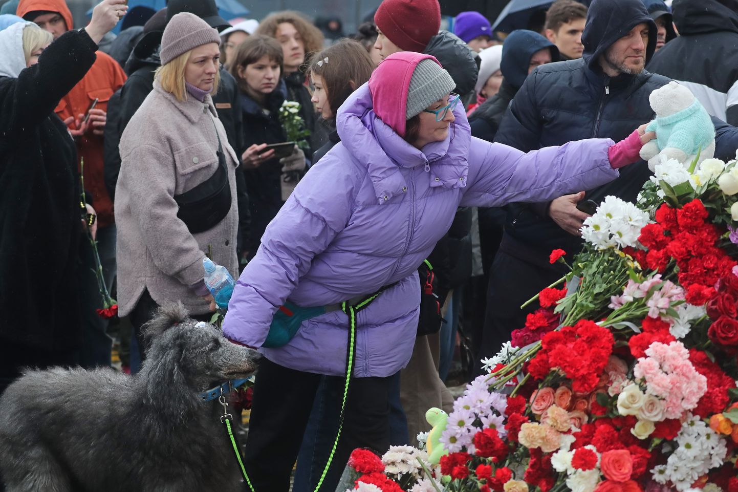 Люди несут цветы на место теракта в "Крокус Сити Холле"