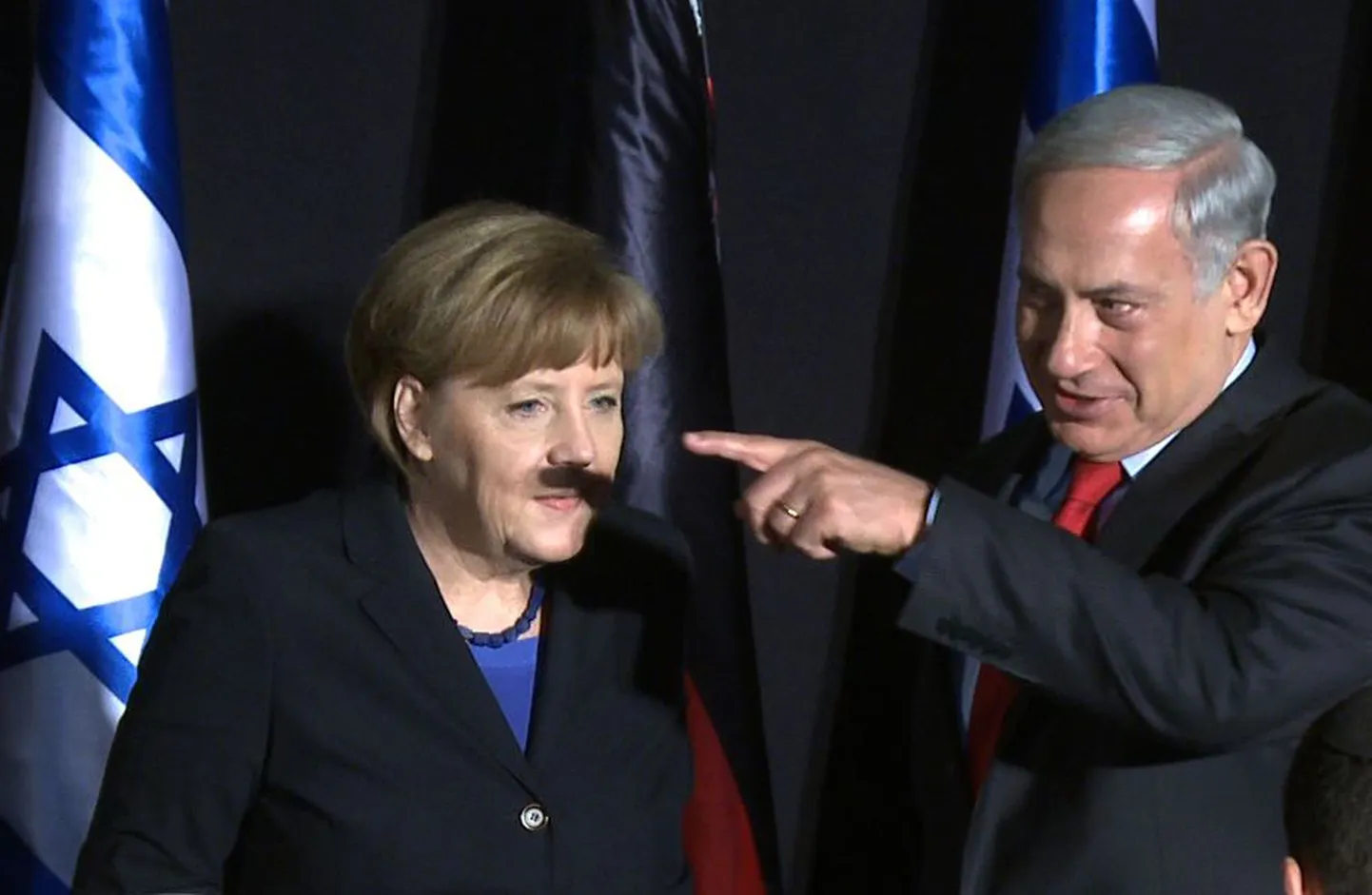 Saksamaa kantsler Angela Merkel (vasakul) sai Iisraeli peaministri Benjamin Netanyahu (paremal) käeliigutuse tulemusel nina alla kurikuulsat saksalast Adolf Hitlerit meenutavad vuntsid.
