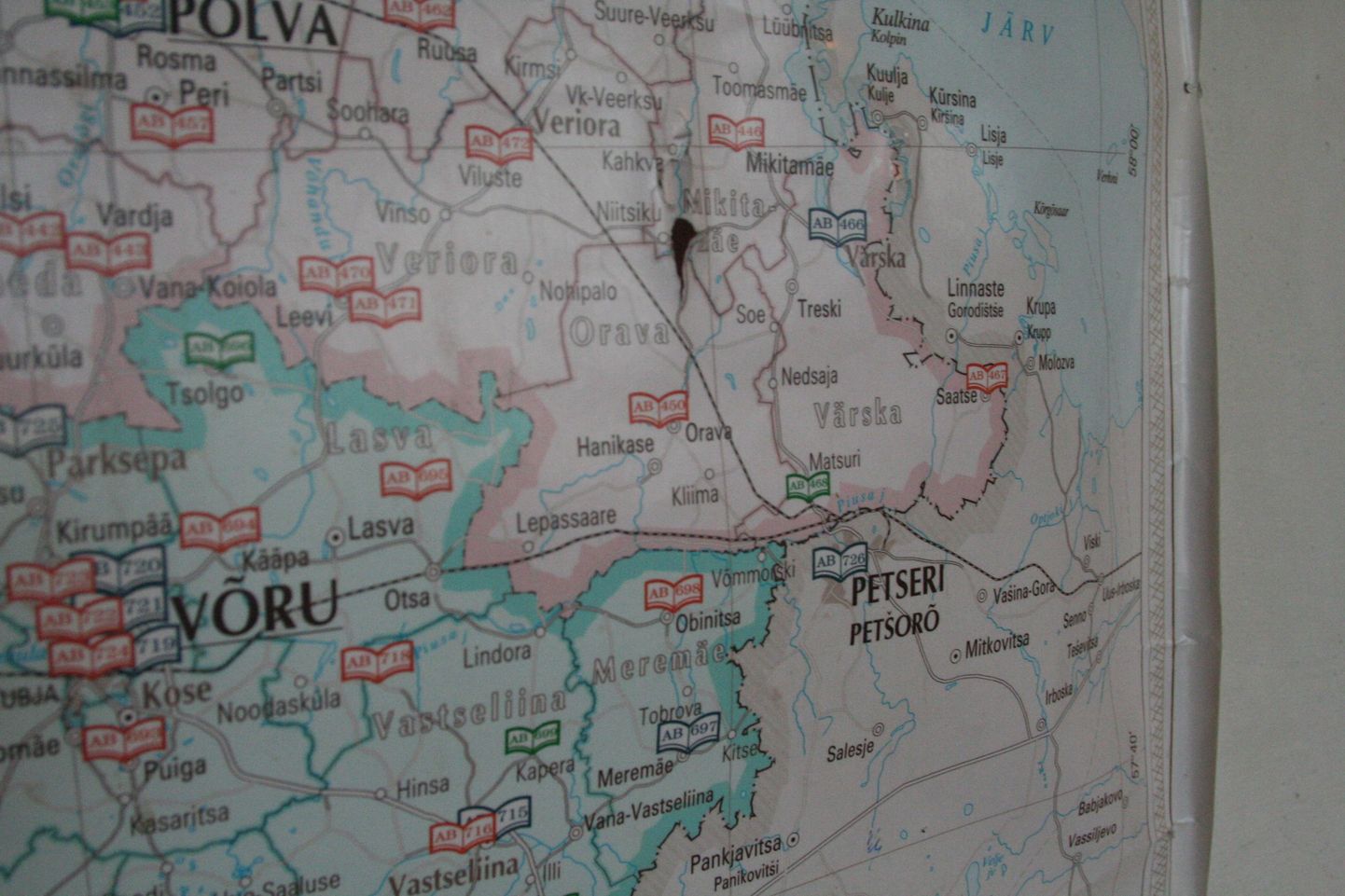 Kaardil paistavad Võru- ja Põlvamaa ning Petseri Venemaa poolel.