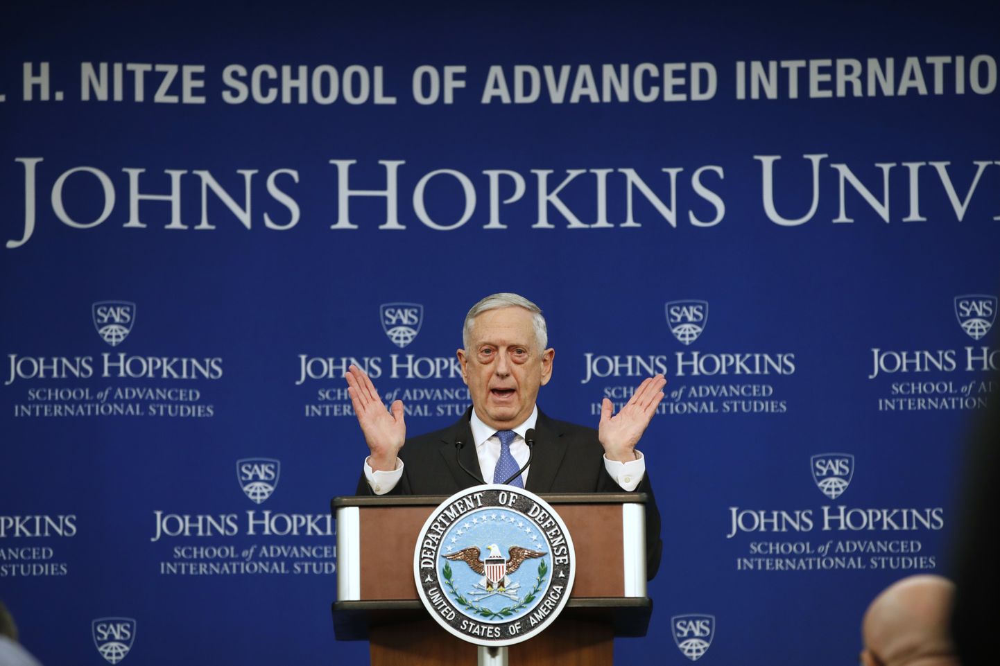 USA kaitseminister James Mattis tutvustas riigi uut kaitsestrateegiat eile hommikul Johns Hopkinsi ülikoolis.