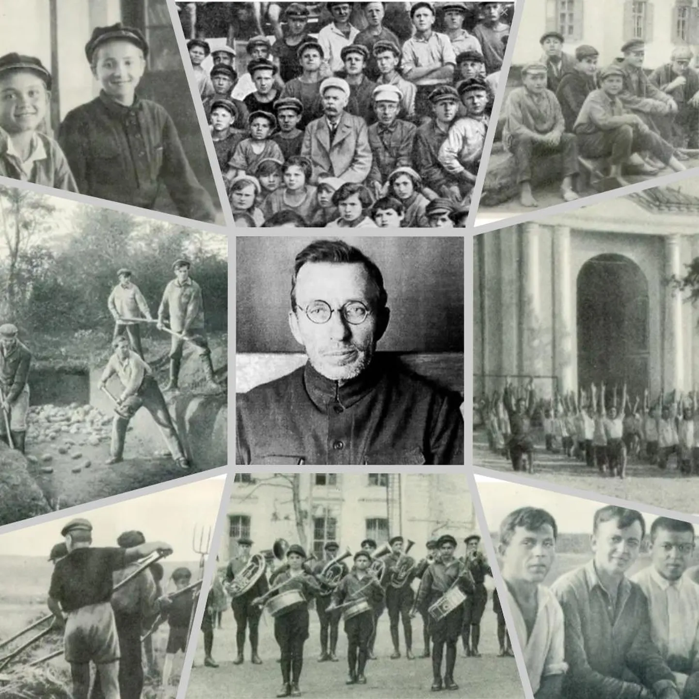 Fotokollaaž Anton Makarenkost (keskel), tema kasvandikest-kolonistidest ning kohtumisest kolooniale nime andnud kirjaniku Maksim Gorkiga (ülal keskel).