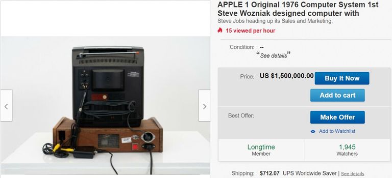Apple-1 arvuti on müügis 1,5 miljoni dollariga.