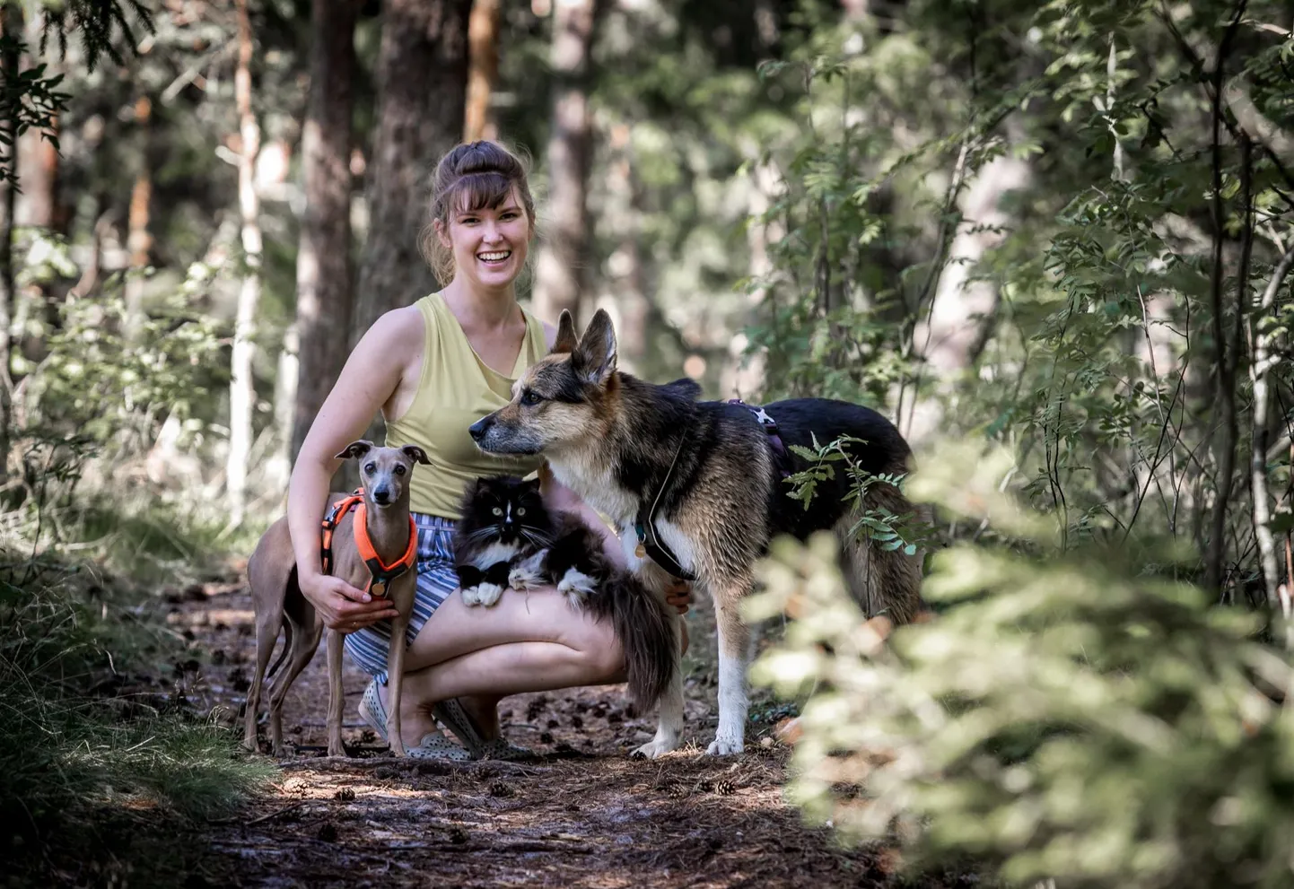 Hetty Nõmmann viib Itaalia väikehurda Mysticu (vasakul), kass Matheuse ehk Matu ja segaverelise kutsu Mäxi tihti metsa uudistama. Nagu ta ütleb: kui loomadel on põnev, on seda perenaiselgi.