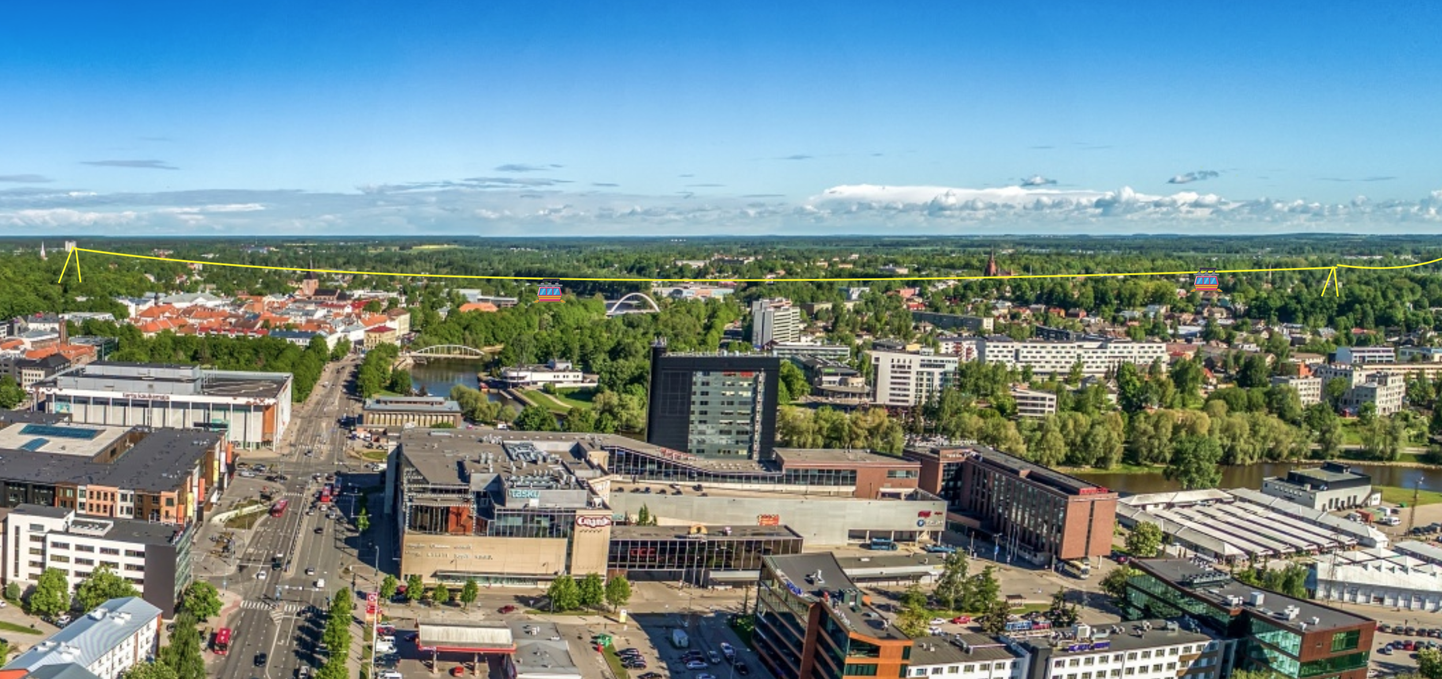 Kaasava eelarve ideede hulka kuulub ka köisraudtee üle Tartu. Pildil näha võimalikku köisraudtee asukohta.