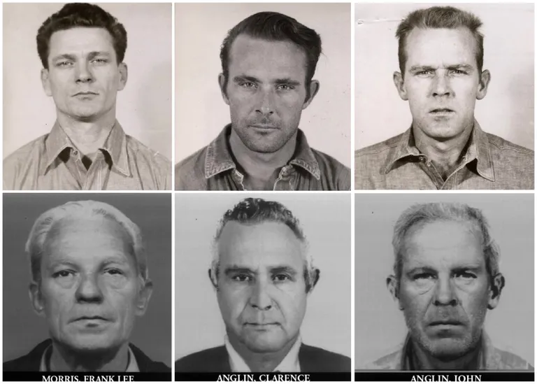 Frank Morris (vasakul), Clarence Anglin (keskel) ja John Anglin (paremal). Alumistel piltidel on kujutatud nende eeldatavat tänapäevast välimust.
