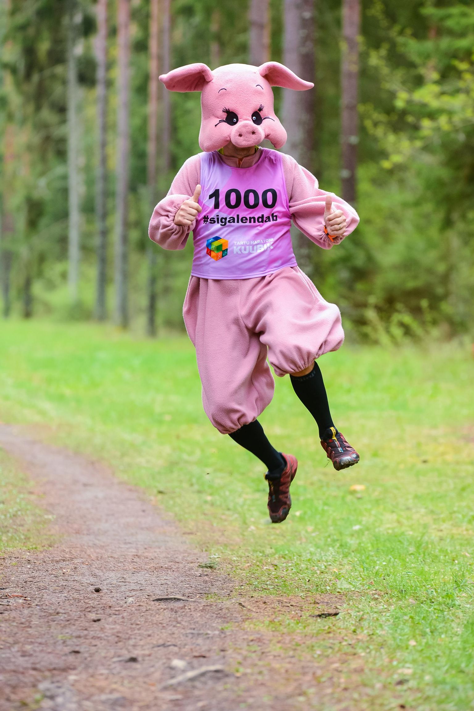 Sulev Kraam üle-eelmisel nädalavahetusel Tartu maastikumaratonil roosa põrsa kostüümis.