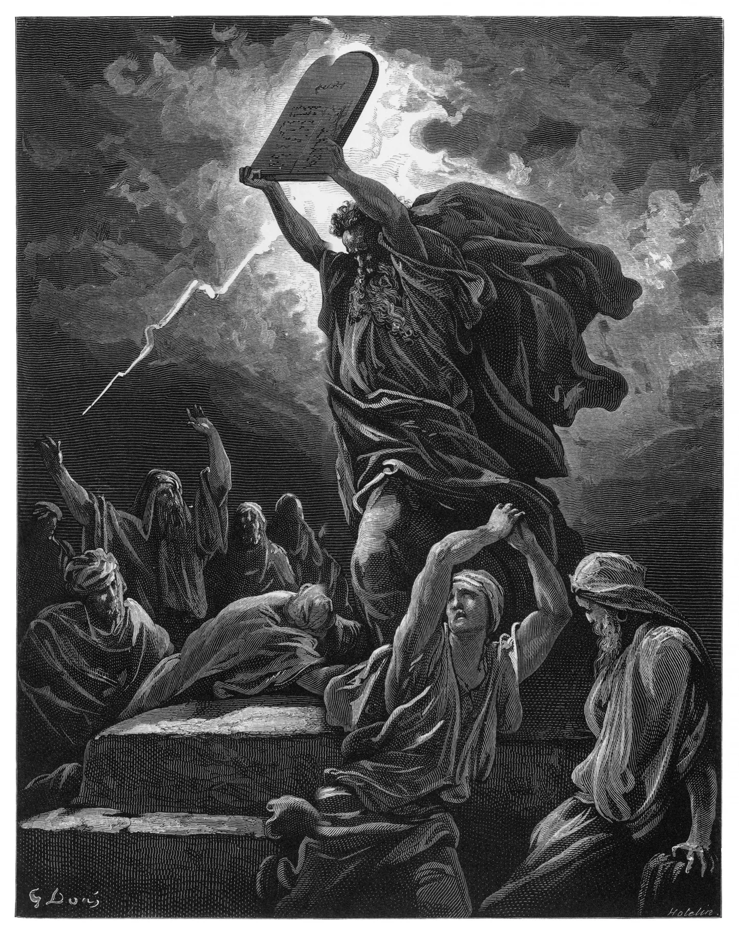 Moses purustab käsulauad. Gustave Doré graafika, 1832.