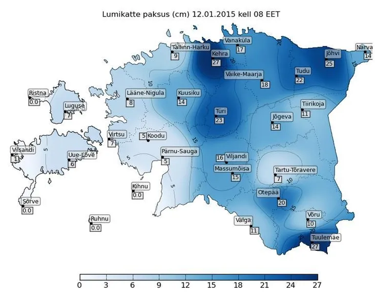 Lumikatte paksus kella 8 seisuga. Foto: ilmateenistus.