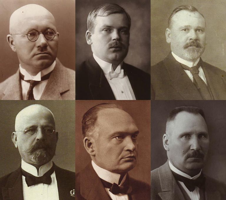 Mehed, kes sillutasid teed Eesti rahvuskubermangule. Ülevalt vasakult Otto Strandmann, Jüri Vilms, Jaan Raamot, Jaan Poska, Konstantin Päts, Jüri Jaakson.