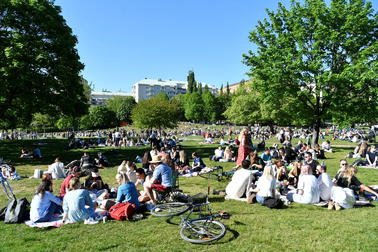 Люди наслаждаются теплой погодой в парке Стокгольма.