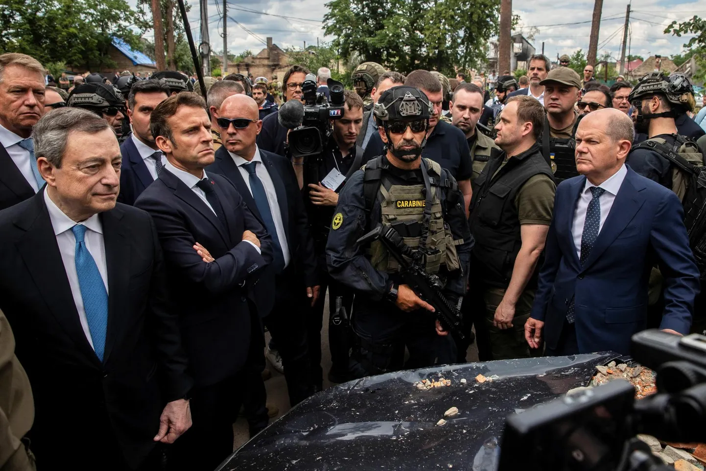 Prantsusmaa president Emmanuel Macron, Saksamaa liidukantsler Olaf Scholz, Itaalia peaminister Mario Draghi ja Rumeenia president Klaus Iohannis eile Irpinis.
