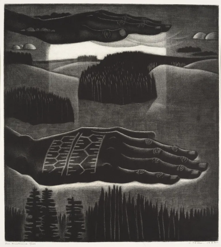 Kaljo Põllu. Maa õnnistamine. Sarjast „Taevas ja maa“. 1987. Metsotinto, paber. Eesti Kunstimuuseum