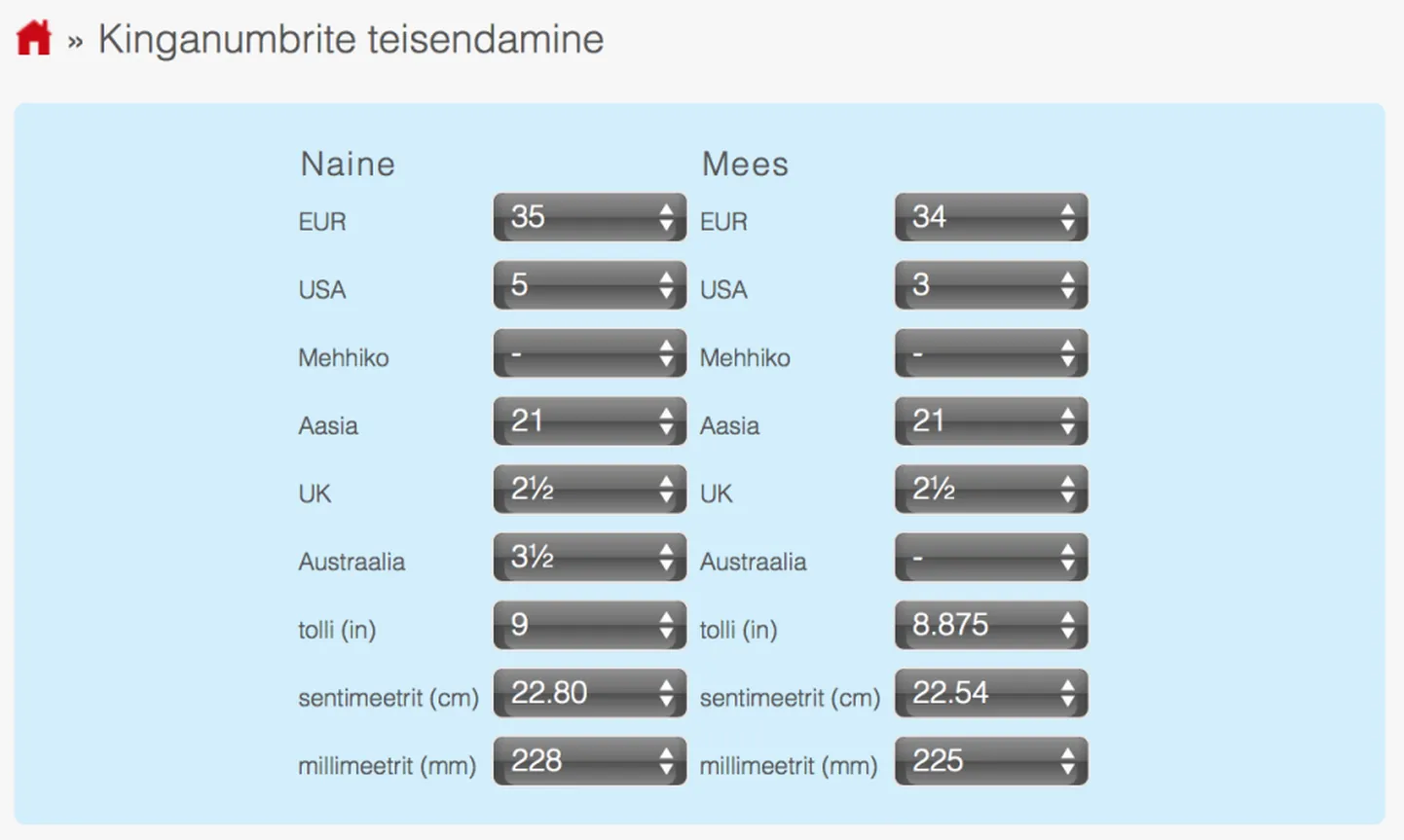 Näide praktilisest teisendajast – kinganumbrid erinevates maailma piirkondades.