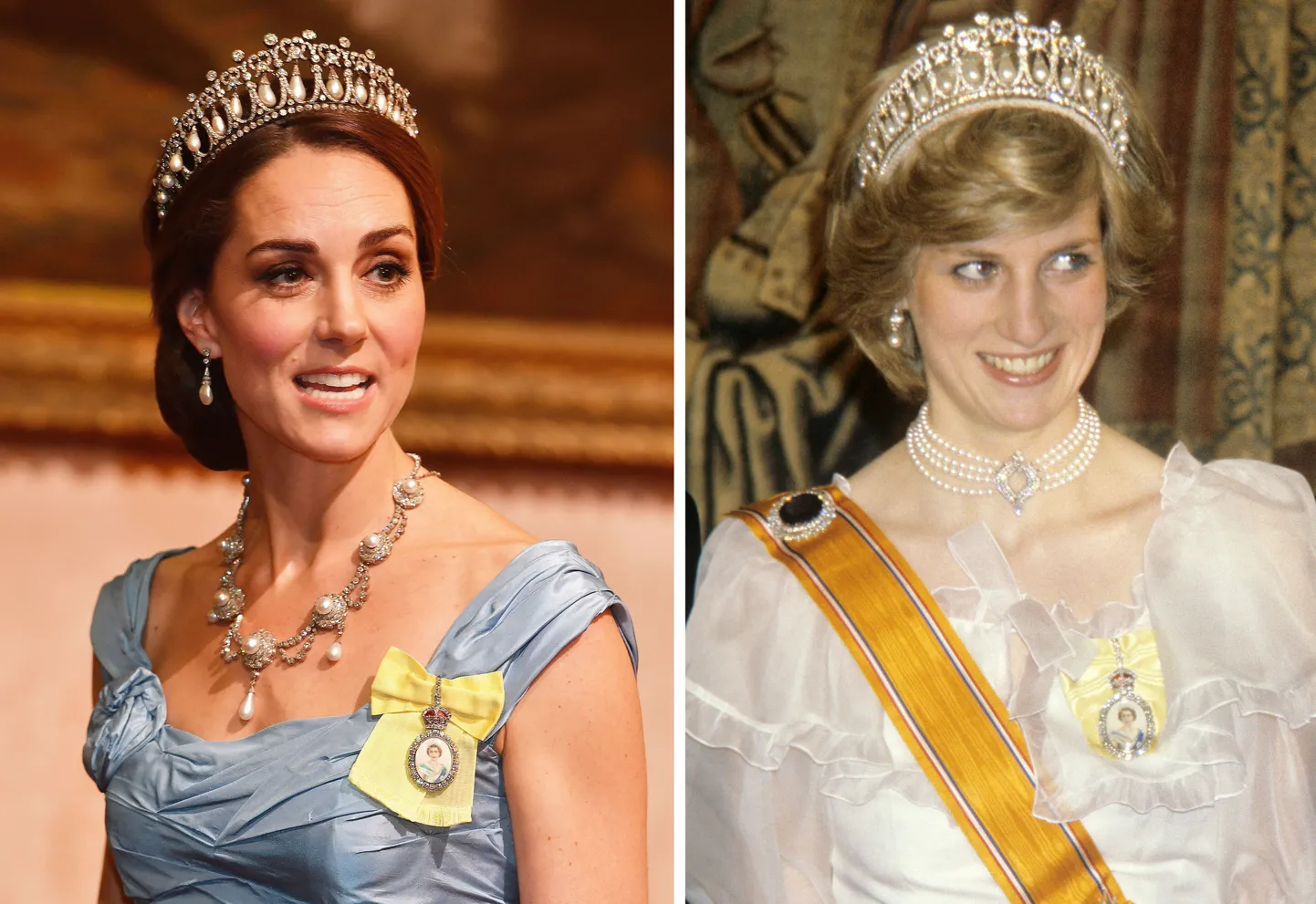 Hertsoginna Kate 23. oktoobrl 2018 ja printsess Diana 17. novembril 1982 kandmas mõlemad sama teemantite ja pärlitega Cambridge Lover's Knot tiaarat.