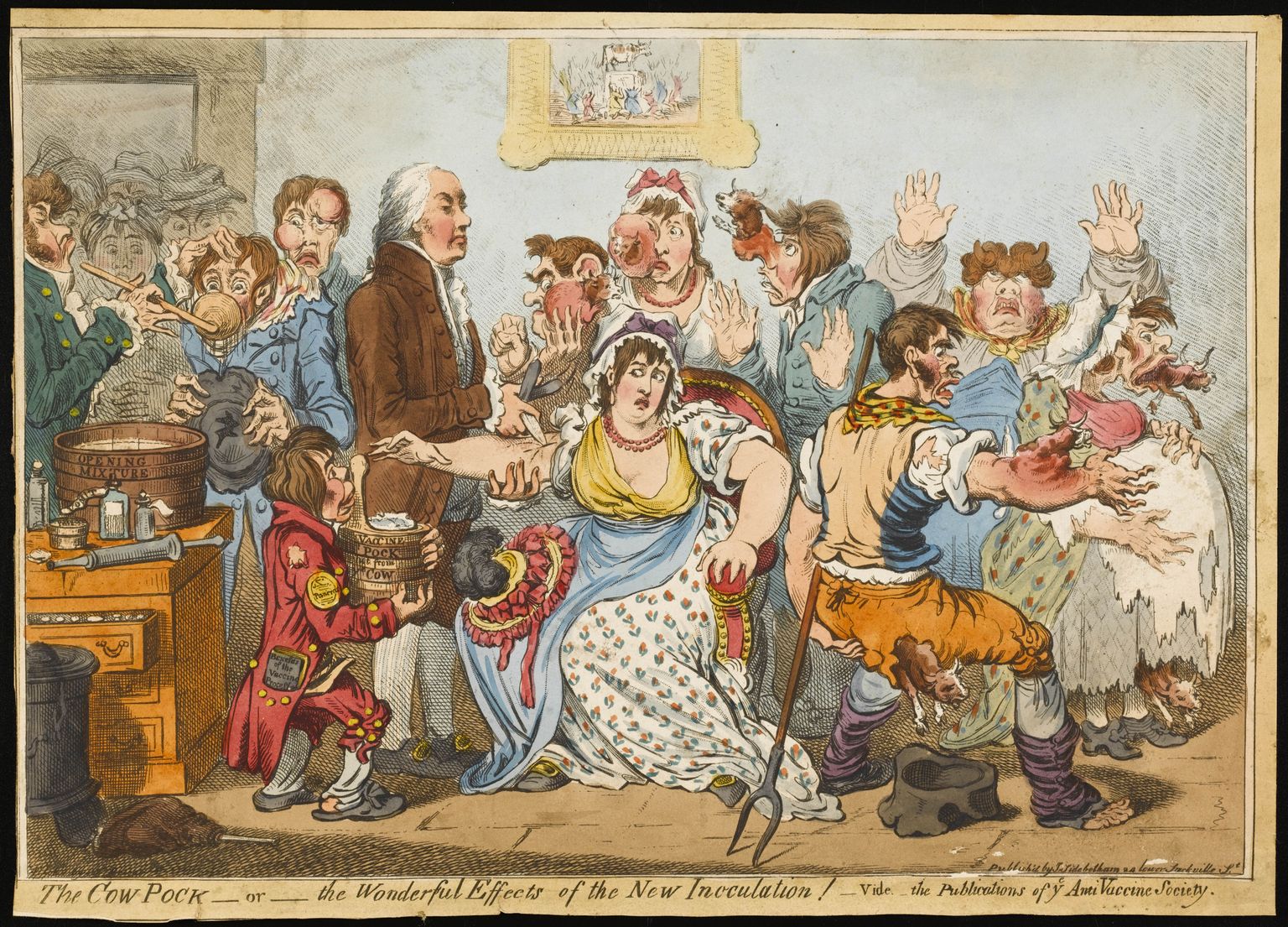 1802. aastast pärit briti satiiriku James Gillray vaktsineerimisvastane karikatuur. Vaktsineerimisvastaste ühingu häälekandjas ilmunud pilapildi kesksel kohal kaitsepookimisega tegelev mees meenutab Edward Jennerit, kes esimesena teaduslikult uuris ja kirjeldas vaktsineerimist.