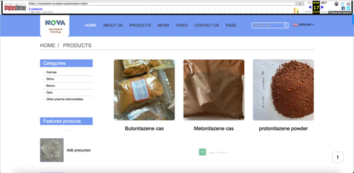 Screenshot of Nova New Material Technology«s website from March 2024 showing that they sold three types of nitazenes