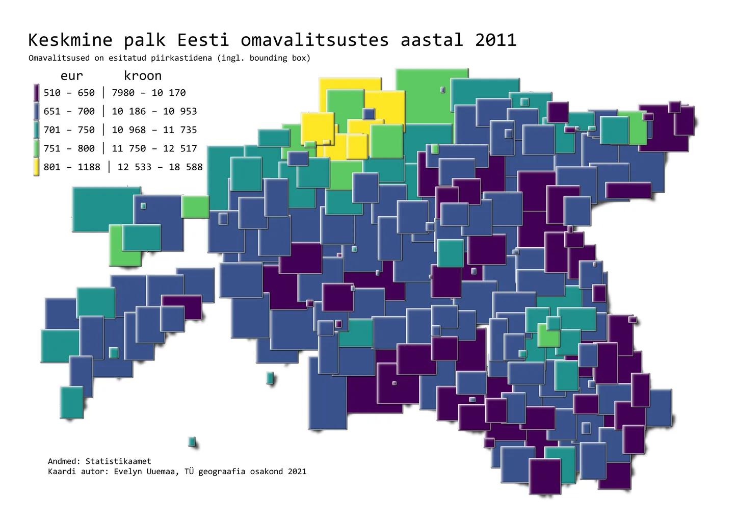 Keskmine palk Eesti omavalitsustes aastal 2011.