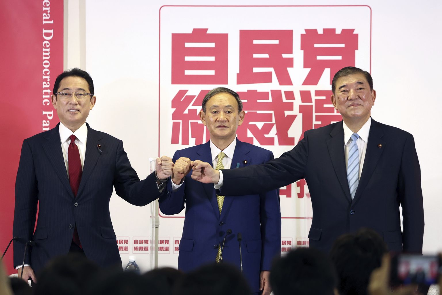 Jaapani võimupartei juhikandidaadid Fumio Kishida, Yoshihide Suga ja Shigeru Ishiba.