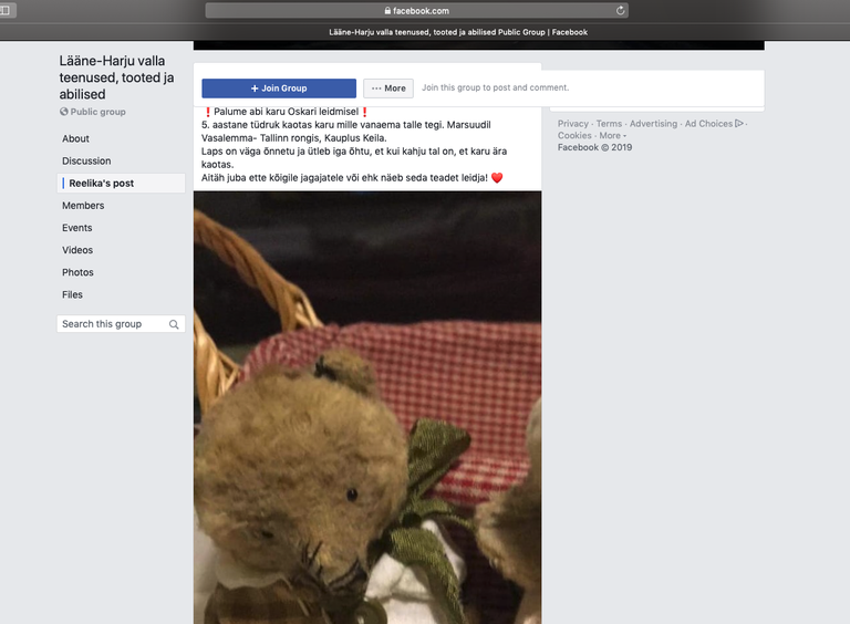 Facebooki postitus, mille abil üritatakse leida karu Oskarit.