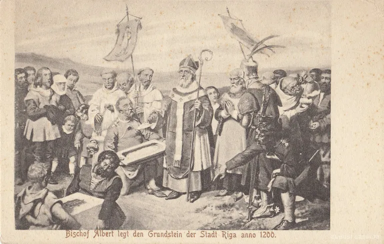 Procesija un pamatakments iesvētīšana, kas veltīta Rīgas pilsētas dibināšanai 1200. gadā, kuru vadīja bīskaps Alberts. 20. gadsimta sākuma atklātne.