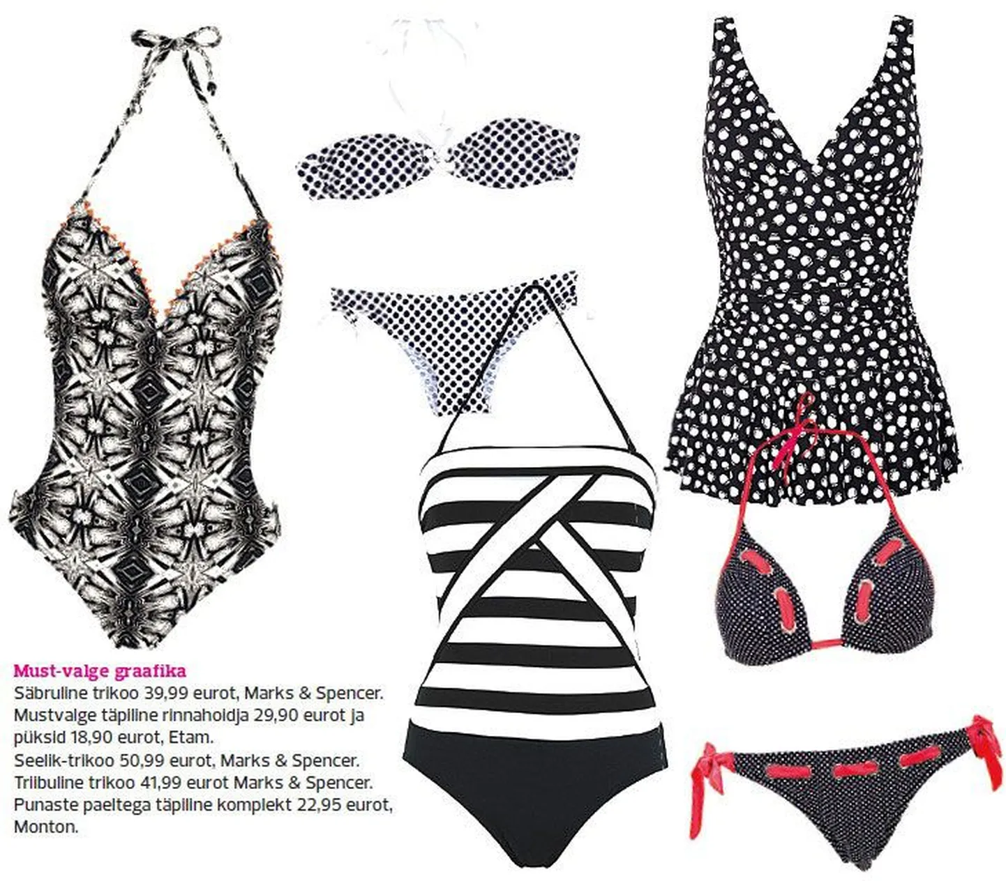 Must-valge graafika
Säbruline trikoo 39,99 eurot, Marks & Spencer.
Mustvalge täpiline rinnahoidja 29,90 eurot ja püksid 18,90 eurot, Etam.
Seelik-trikoo 50,99 eurot, Marks & Spencer.
Triibuline trikoo 41,99 eurot Marks & Spencer.
Punaste paeltega täpiline komplekt 22,95 eurot, Monton.