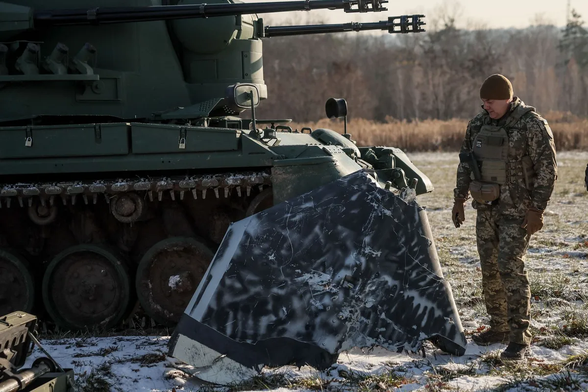 The wreckage of the Shahed-136 drone scattered near Kyiv.