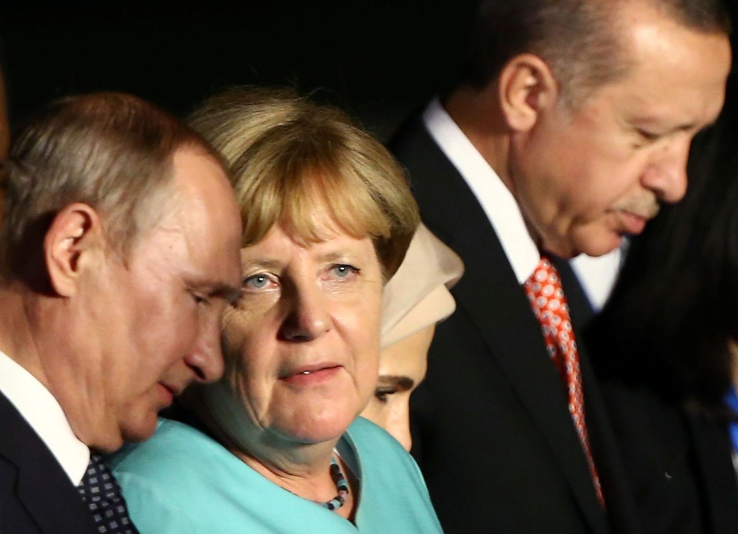 Vasakult: Venemaa president Vladimir Putin, Saksamaa kantsler Angela Merkel ja Türgi riigipea Recep Tayyip Erdoğan