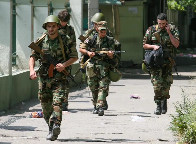War in Georgia 2008. Men who have just been called up for service and received their equipment in Gori. Photo: