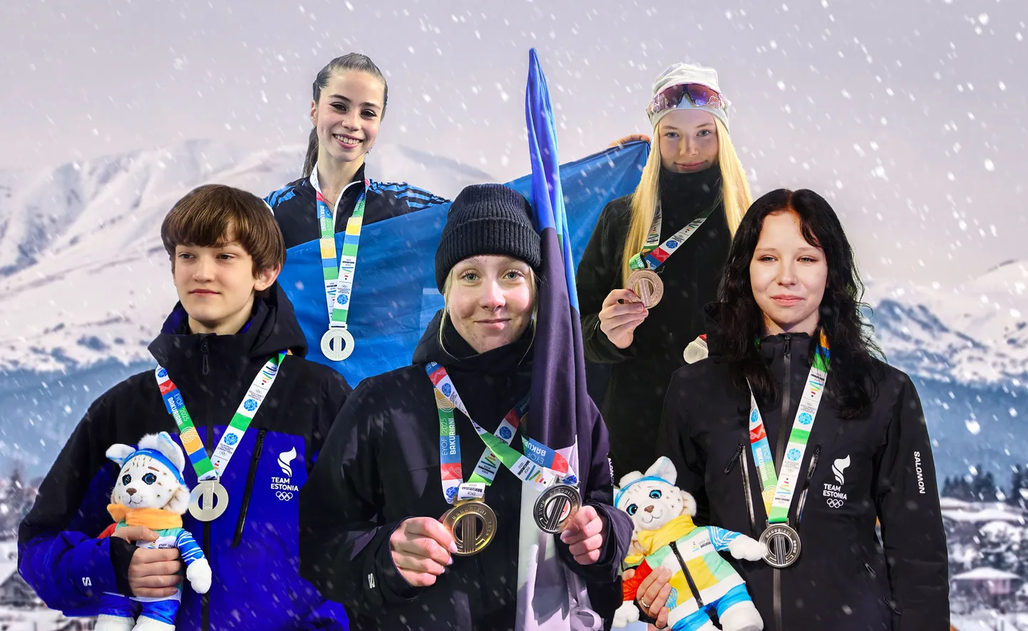 Eesti medalistid Bakuriani olümpiafestivalil. Pildil (vasakult) Vladislav Churakov, Elina Goidina, Simona Revjagin, Gerda Kivil ja Laura Anga