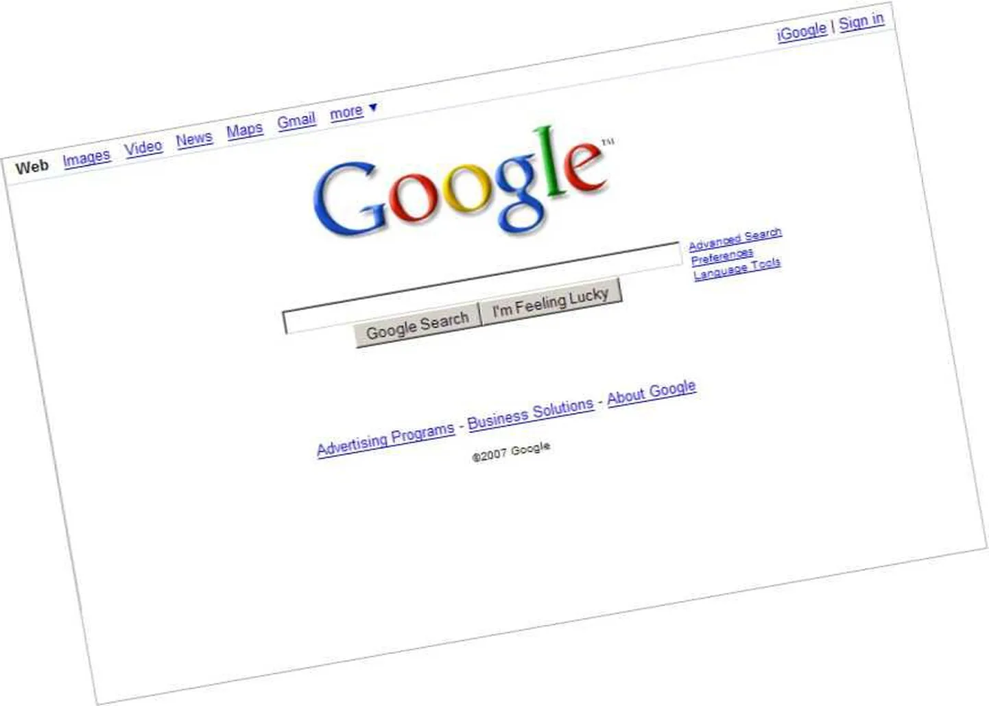 Google`i otsingumootori avaleht.