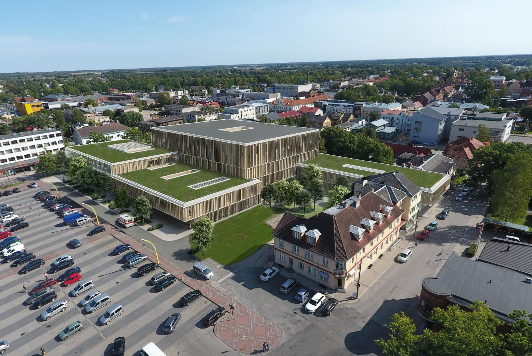 Viljandi tulevase haigla ja tervisekeskuse eskiis, mille järgi peaks ehitus algama veel sel kevadel.