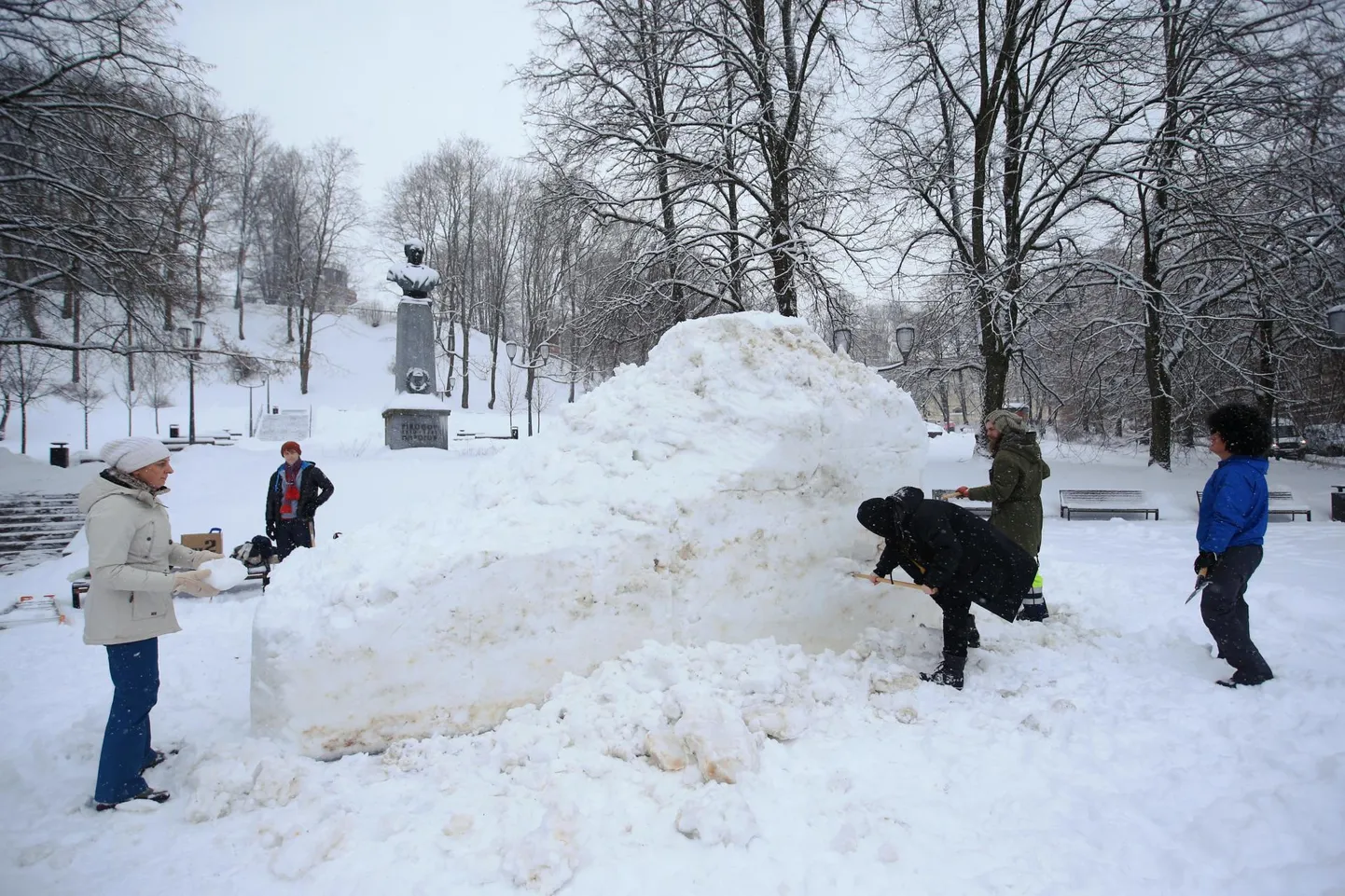 Pallase tudengid hakkasid eile Pirogovi platsil veetiigri aasta puhul tiigri lume­skulptuuri valmistama.