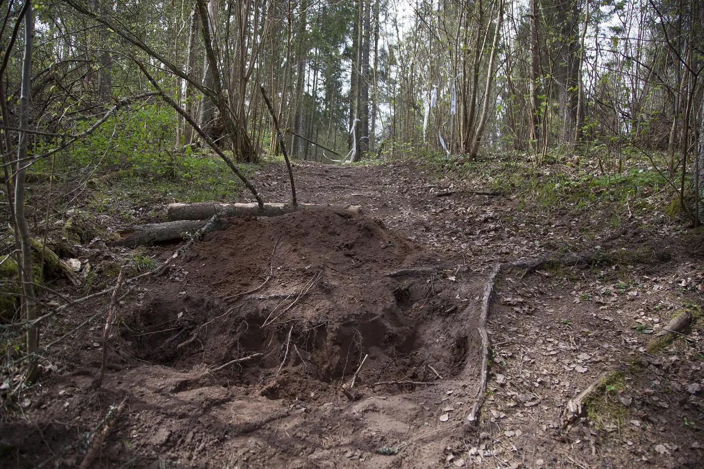 Mulgi rattamaratoni rajal olevale järsule laskumisele oli kolmapäeva hommikuks kaevatud sügav auk ja augu ette veetud palk.