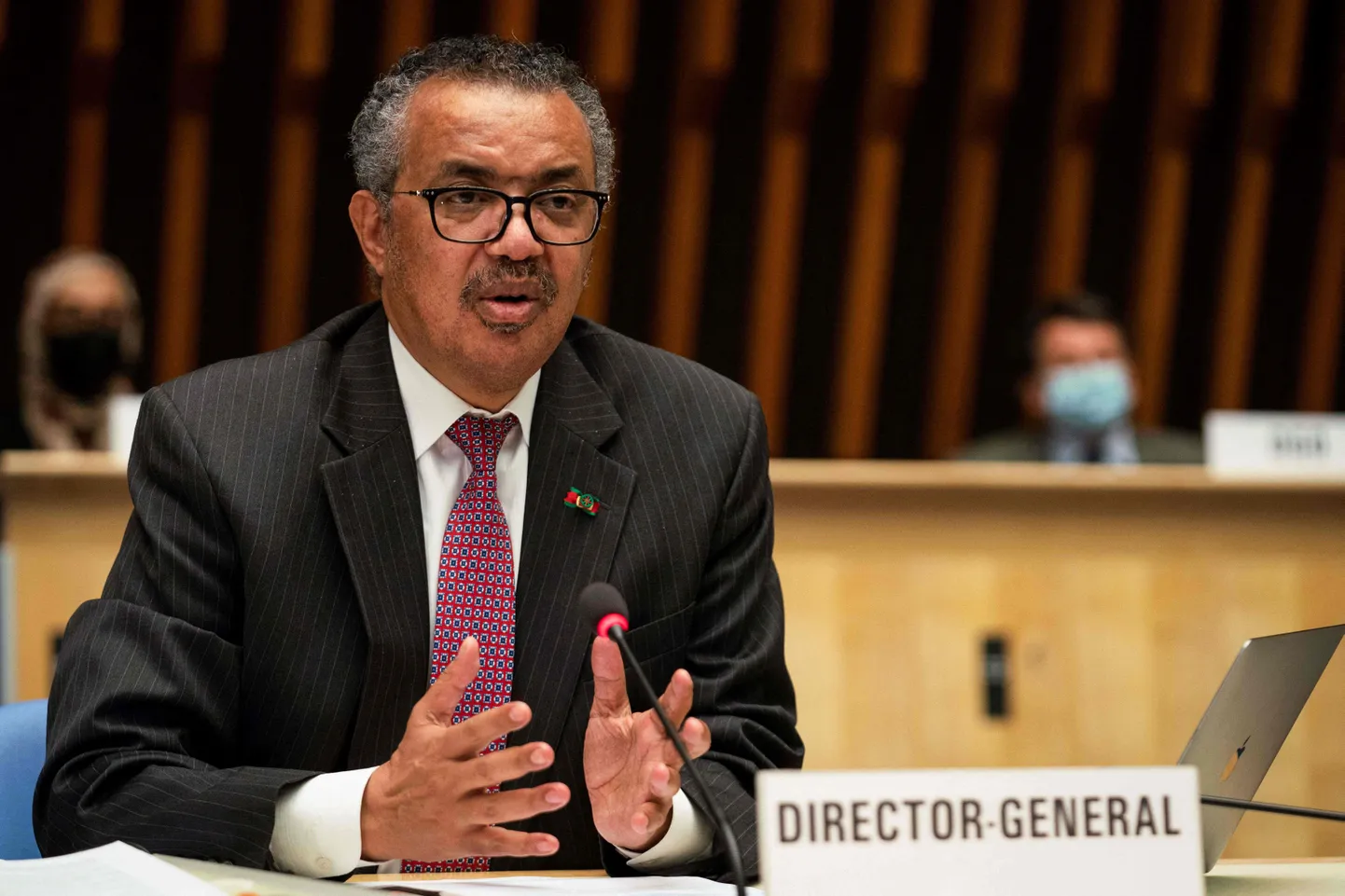 Maailma terviseorganisatsiooni (WHO) juht Tedros Adhanom Ghebreyesus mais 2021 Šveitsis Genfis esinemas