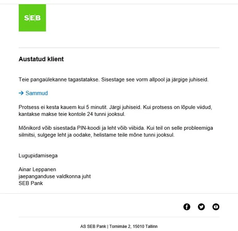 Pank hoiatab virtuaalsetes postkastides ringleva õngitsemiskirja eest.