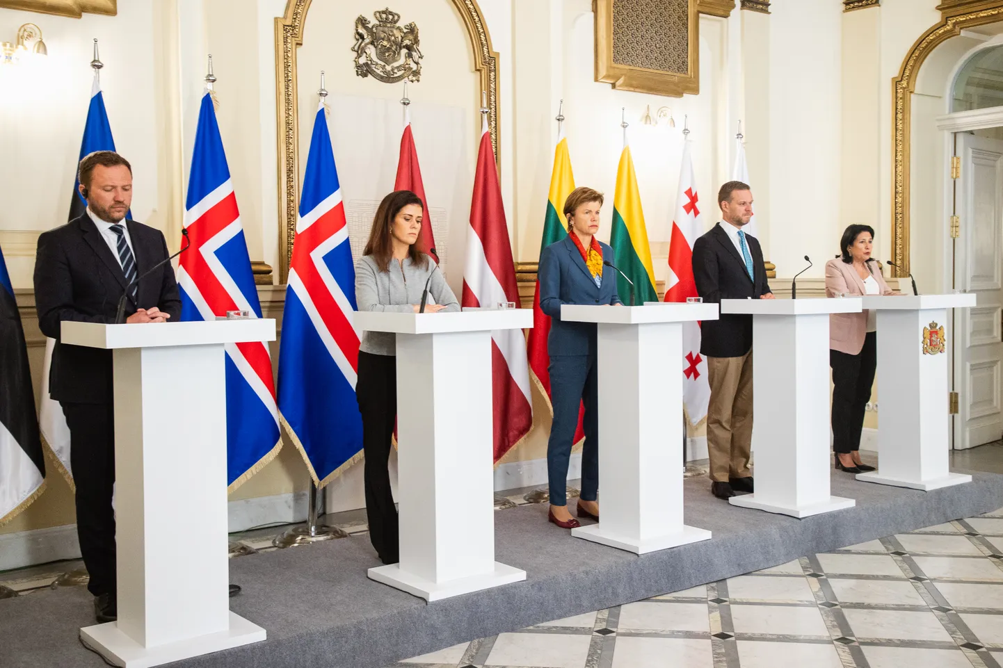 Министры иностранных дел Эстонии, Исландии, Латвии и Литвы на совместнйо пресс-конференции с президентом Грузии, Тбилиси 15 мая 2024 года.